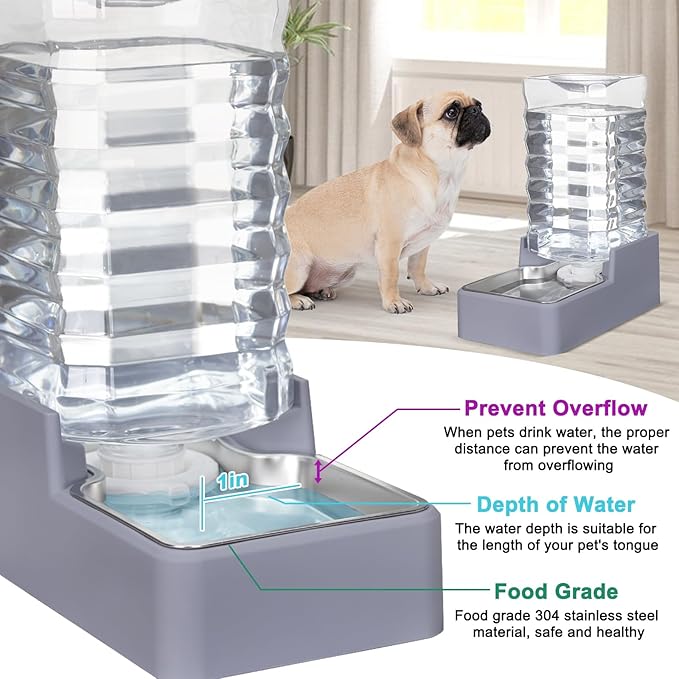 Sfozstra Dog Water Bowl Dispenser: 9L Lagre Automatic Gravity Pet Light Gray Water Dispenser - Stainless Steel Bowl - BPA-Free for Multiple Pets