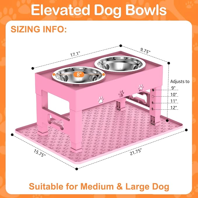 Elevated Dog Bowls with Mat, Raised Dog Food Bowl Stand with 2 Stainless Steel Bowls, 5 Height Adjustable (3.1", 9", 10", 11", 12") Non-Slip Feeder Set for Medium and Large Dogs – Pink