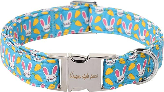 Unique style paws Dog Collar Metal Buckle Collar for Easter Gift Pink Ear Rabbit Carrot Durable Cotton Collar for Small Medium Large Boys Girls Dogs