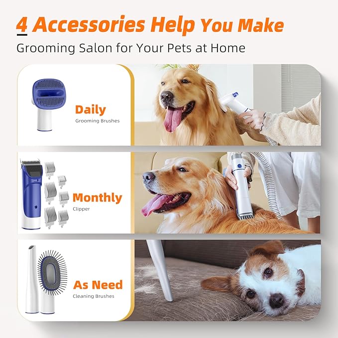 Dog Grooming Kit with Vacuum, All-in-One Pet Grooming Vacuum for Dogs and Cats, Low Noise Pet Hair Clipper & Shedding Brush, Dog Hair Remover, Cat Pet Groomer Set with Cleaning Brushes, White