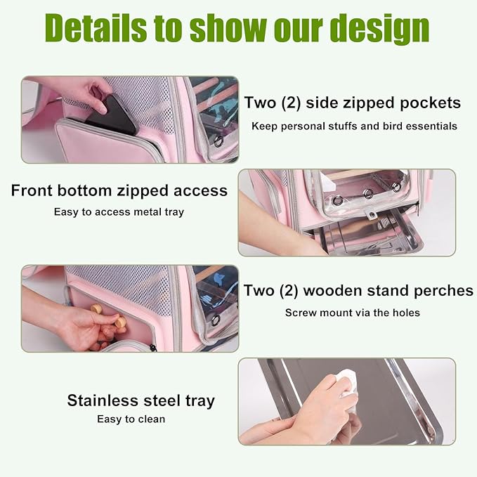 Parrot Carrier Backpack for Small to Medium Bird, Bird Travel Carrier Cage with Standing Perches and Metal Tray, Breathable Portable Transport Bag for Parakeet, Budgie, Conure, Cockatiel, Parrot