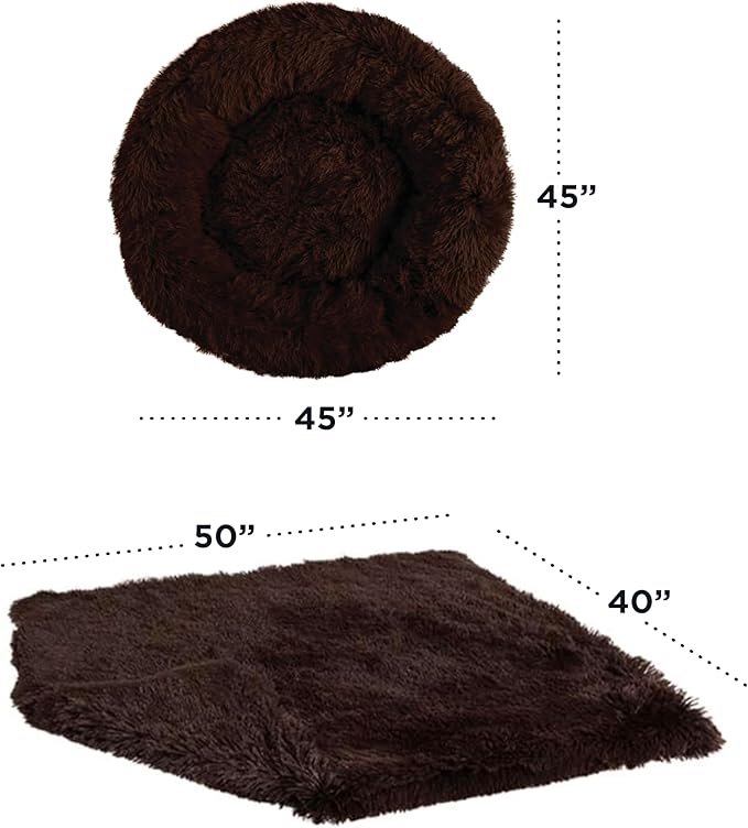 Best Friends by Sheri Bundle Set The Original Calming Shag Donut Cuddler Cat and Dog Bed + Pet Throw Blanket, Dark Chocolate, Extra Large, 45x45