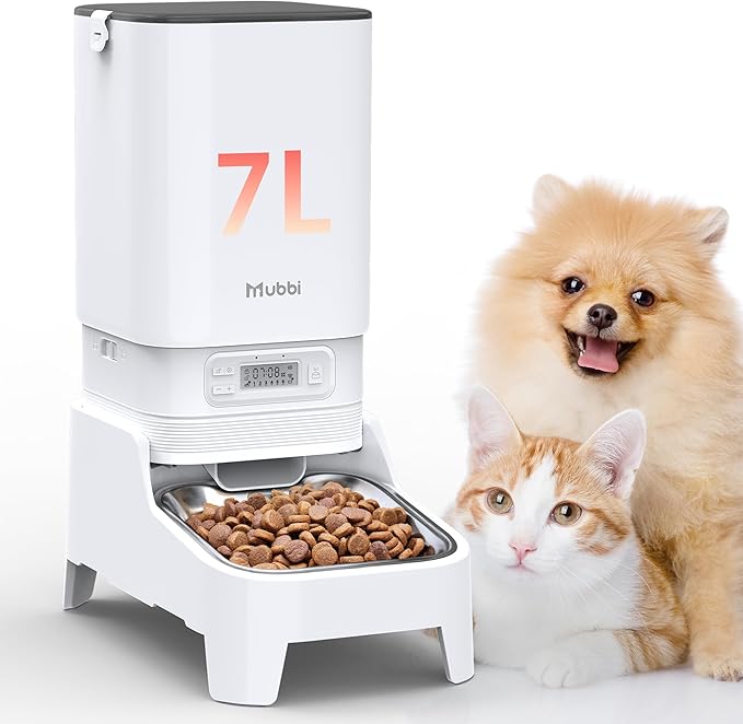 Automatic Cat Feeders, 7L/29 Cups Automatic Dog Feeder, Cat Food Dispenser, No-Jam Rotor, Up to 6 Meals for 2-15 mm Dry Food, with Elevated Stand, Stainless Steel Bowl