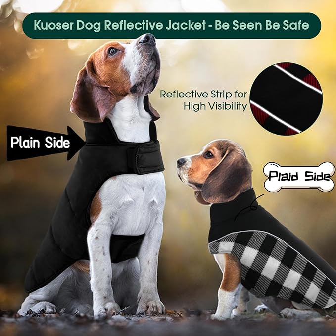Kuoser Dog Winter Coat, Reversible Waterproof Dog Jacket with Reflective Strip, Warm Dogs Fleece Vest Adjustable Doggy Cold Weather Clothes Plaid Christmas Outfit Pet Apparel for Large Dogs, Black 2XL