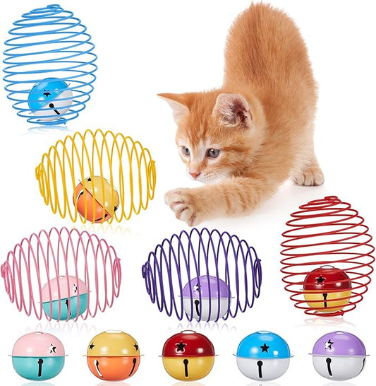 Jecery 5 Pcs Cat Spring Balls Stretchable Springs Toys Rolling Balls Colorful Playful Coils Interactive Spring Action Toy Caged Rats for Kitten Cat Pet Supplies Indoor (Bell,Multicolor)