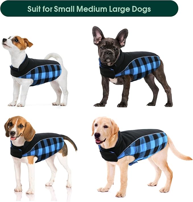 Kuoser Dog Winter Coat, Reversible Waterproof Dog Jacket with Reflective Strip, Warm Dogs Fleece Vest Adjustable Doggy Cold Weather Clothes Plaid Christmas Outfit Pet Apparel for Large Dogs, Blue XL