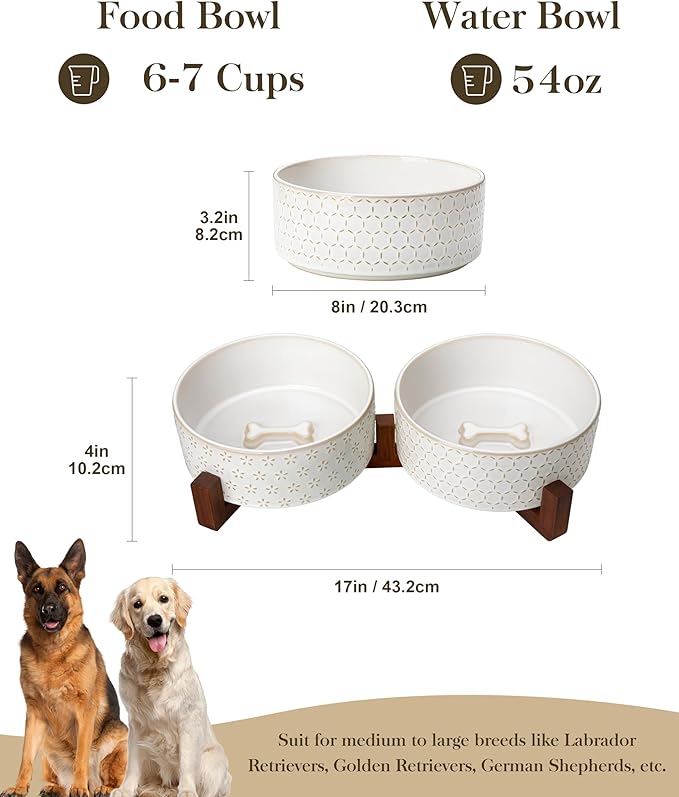 MALACASA Dog Bowl Set with Walnut Wood Stand, 6 Cups Ceramic Pet Bowls for Puppy Dogs, Dual Food and Water Bowls with Non-Slip Base, Basic Bowls for Your Dog, Five-Leaf Grass & Honeycomb