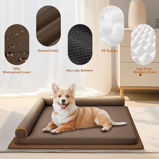 Dog Beds Medium Size Dog Waterproof Washable Pet Bed Memory Foam Orthopedic Chew Proof Dog Couch with Anti-Slip Mat (Brown)