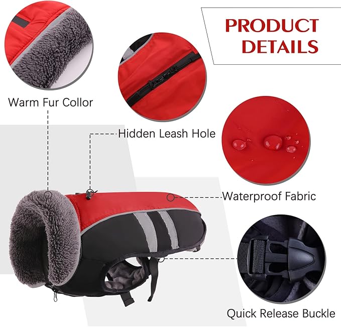 QBLEEV Warm Dog Coat Reflective Dog Winter Jacket, Waterproof Windproof Dog Turtleneck Clothes for Cold Weather Thicken Fleece Pet Dog Snowsuit Christmas Dog Vest Apparel for Small Medium Large Dogs L