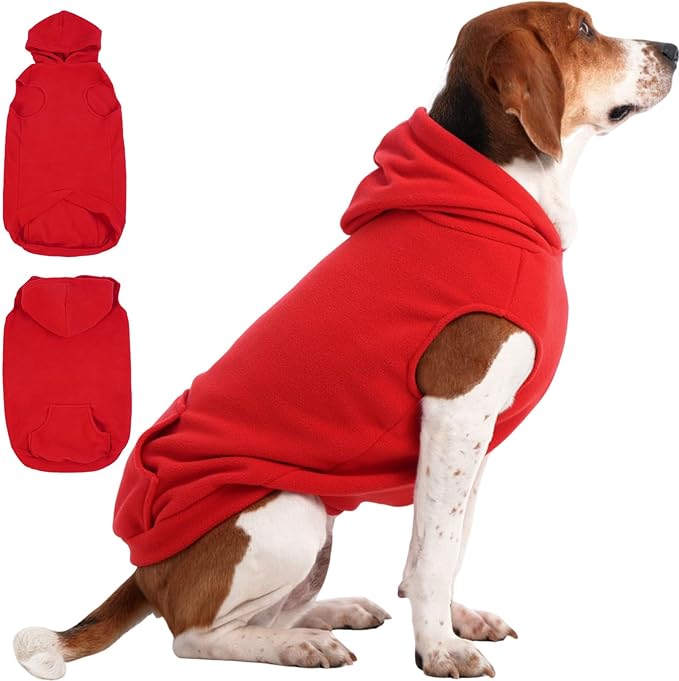 IECOii Dog Hoodie for Medium Dogs, Warm Fleece Dog Hoodies Sweater with Leash Hole and Pocket, Cozy Dogs Cold Weather Coat for Fall Winter Hooded Sweatshirt Vest for French Bulldog, Red, L