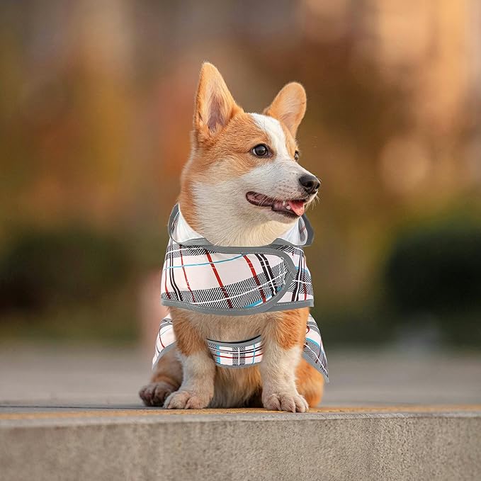 Dog Raincoat for Medium Dogs Waterproof Hooded Rain Jacket with Reflective Strips Leash Hole & Poncho Adjustable Fit (Plaid,L)