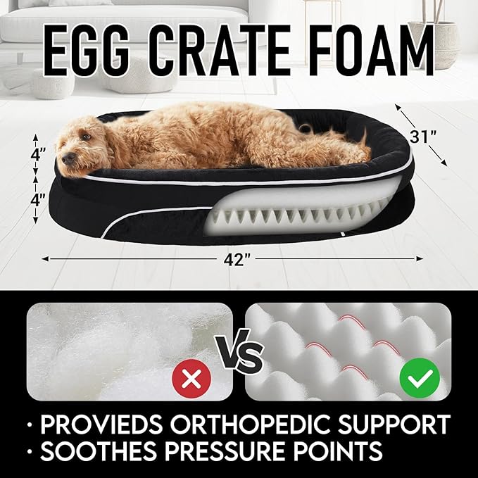 OhGeni Orthopedic Jumbo Dog Couch Pet Sofa XL Sized Cat Beds with Comfort Foam Support, Soft Comfortable Fabric, Machine Washable Waterproof Removable Cover, 42-Inch (Black)