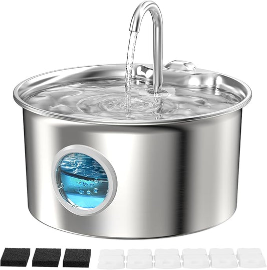 Stainless Steel Cat Water Fountain: Cat Fountain for Drinking - 88oz/2.6L Pet Water Fountain for Cats Inside- Silent Cats Water Bowl Dispenser - Kitty Drinking Fountains - 6 Filters + 3 Sponges