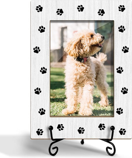 Pet Picture Frame, Pet Paw Print Photo Frame for Dog Cat, Gifts for Pet Owner Pet Lover Wooden Picture Frame, 4"x6" Picture Frame for Tabletop Display, Home Office Desk Decor Shelf Display/XK60