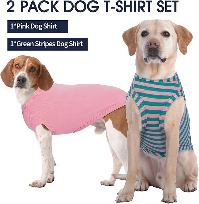 IECOii 2 Pack Dog Tee Shirts for Large Dogs,Breathable & Lightweight T-Shirts for Hot Weather,Soft Stretchy for Active Dogs - Non-Restrictive for Running & Play,Summer Outdoor Wear,Pink+Stripes,2XL