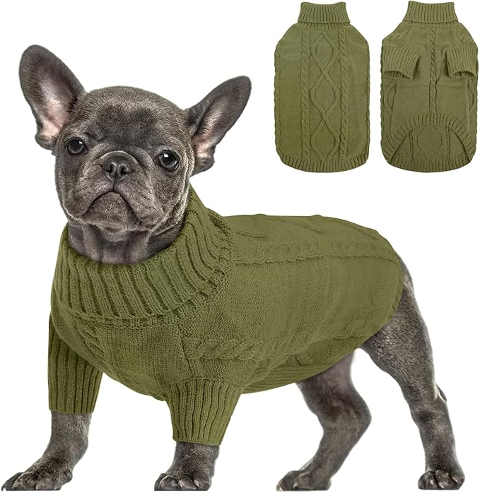 Queenmore Small Dog Pullover Sweater, Cold Weather Cable Knitwear, Classic Turtleneck Thick Warm Clothes for Chihuahua, Bulldog, Dachshund, Pugl,OliveGreen,XS