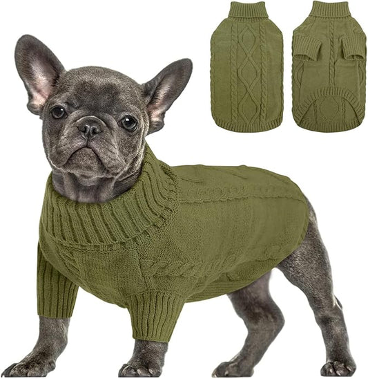 Queenmore Small Dog Pullover Sweater, Cold Weather Cable Knitwear, Classic Turtleneck Thick Warm Clothes for Chihuahua, Bulldog, Dachshund, Pugl,OliveGreen,XL