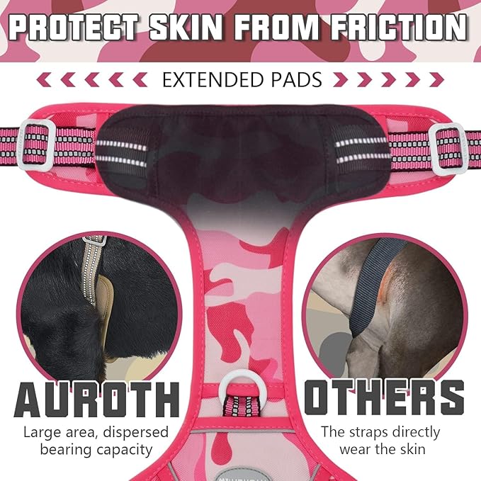 Auroth Tactical Pet Harness for Small Medium Large Dogs No Pull Adjustable, Reflective K9 Working Training Easy Control Vest Military Service Dog, Medium, Pink Camo