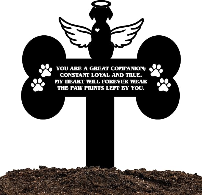 Dog Grave Marker Angel Cross – Pet Remembrance Gift for Loss of Dog, Weatherproof Metal Headstone for Yard, Garden or Indoor Memorial, 12in Sympathy Tribute Sign
