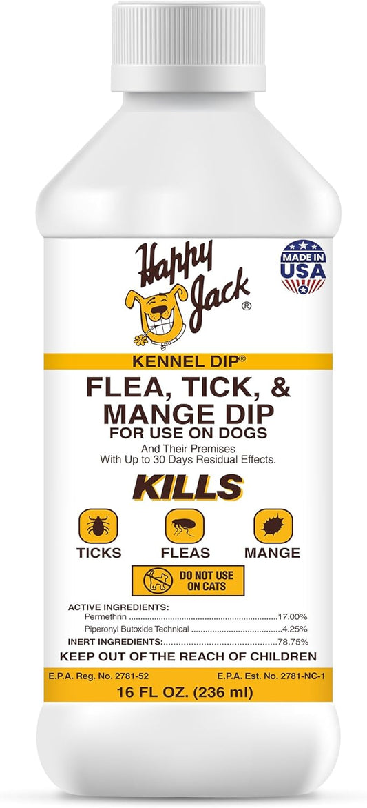 Happy Jack Kennel Dip Dog Flea and Tick Treatment & Prevention, Made in USA, Spray Yard & Home 30-Day Control, Kills Fleas, Ticks, Deer Ticks, Mange, Lice, for Puppies, Small to Large Dogs (16 oz)