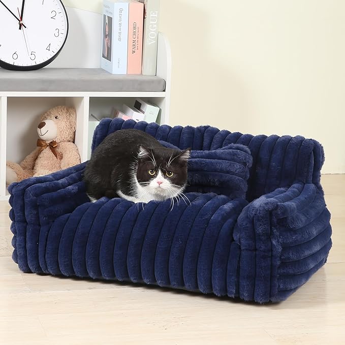Extra Wide Fluffy Cat Bed, Small Dog Bed with Bone Shaped Pillow, Anti-Anxiety Pet Couch with Washable Cover, Blue