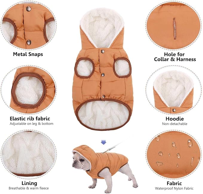 Dog Fleece Hoodie, Windproof Waterproof Dog Coat, Winter Warm DogsJacket, Cold Weather Pet Apparel Clothes Vest for Large Khaki, XXXL