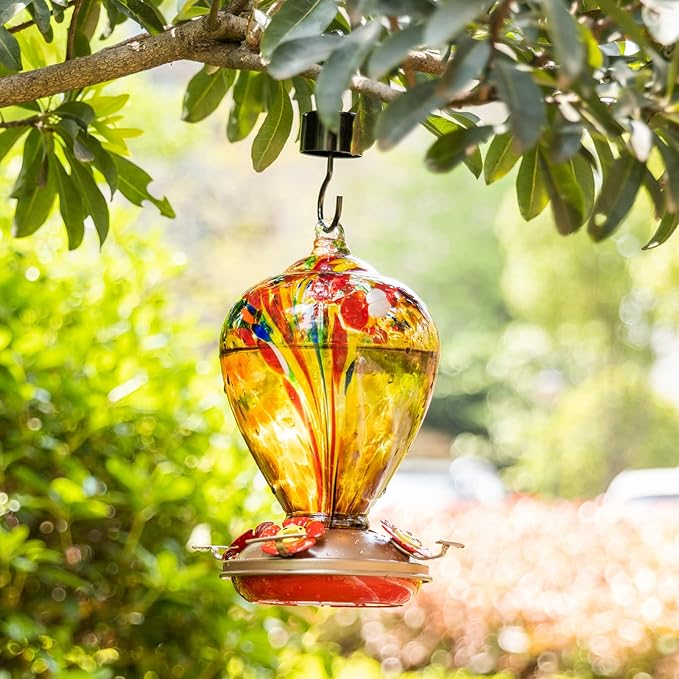 Hummingbird Feeder, 34OZ Hand Blown Glass Hummingbird Feeders for Outdoors Hanging, 4 Feeding Perch with Ant Moat Leakproof, Garden Yard Decor Gifts for Women Mom (Golden Balloon)