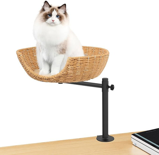 Large Cat Desk Bed, 360°Rotating & Adjustable,Supports 45 lbs,2 Seasonal Replacement Pad, Modern Indoor Cat Nest Furniture for Office Desks and Game Tables, Island Table
