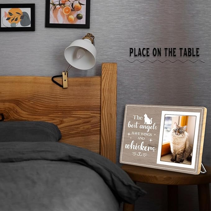 Cat Picture Frame, Cat Memorial Wooden Photo Frame, Pet Remembrance Gift, Sympathy Gift for Pet Owner, Cat Memorial Gifts for Loss of Cat, The Best Angels Have Wings and Whiskers (Gray, 4 x 6 Photo)
