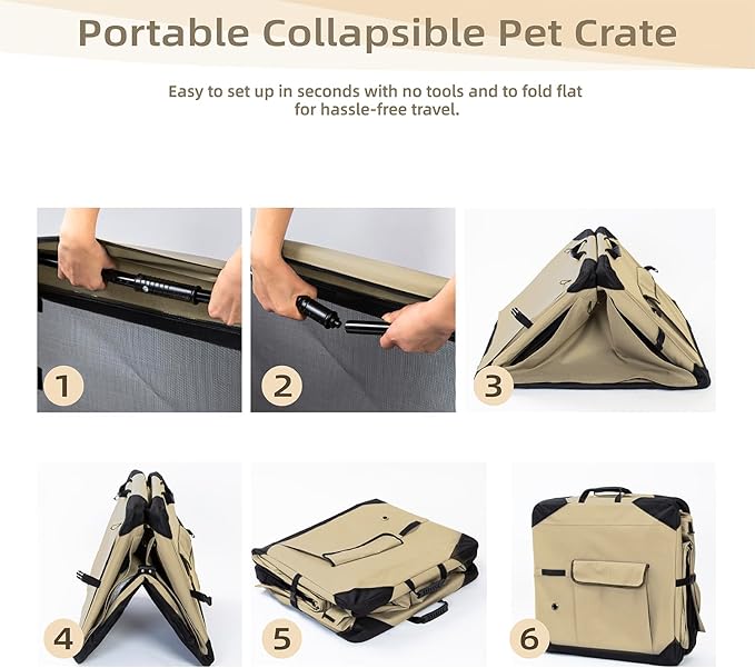 Pettycare 42 Inch Collapsible Dog Crate with Curtains Travel Dog Crate for Airflow and Calm Soft Pet Kennel with Portable Bag and More Chew Proof Mesh Indoor & Outdoor Beige 4 Door Curtains