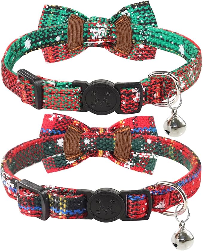 Joytale Upgraded Christmas Cat Collar with Bells, Breakaway Cat Collars with Bow Tie, 2 Pack Girl Boy Safety Plaid Kitten Collars, Christmas Red+Green