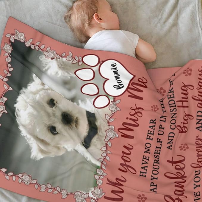 Custom Pet Memorial Blanket with Photo,Personalized Dog/Cat Loss Sympathy Gift,Pet Loss Bereavement Remembrance Gifts,Flannel Throw Blanket with Pictures (Dark Pink)