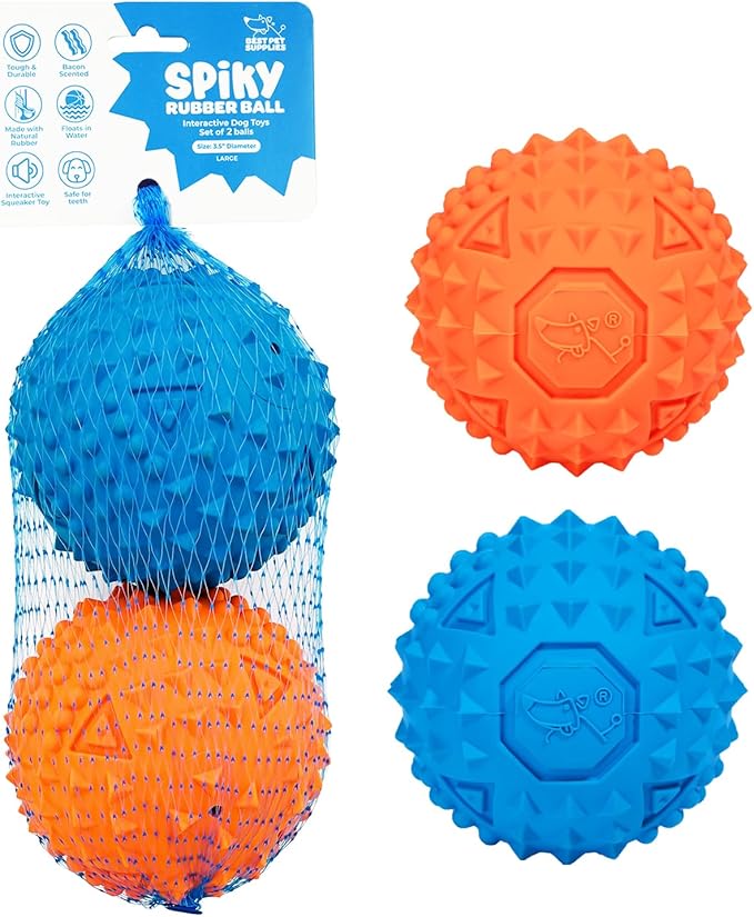 Best Pet Supplies Tough Dog Toys for Aggressive Chewers - Squeaky Dog Toys, Non-Toxic Spiky Ball for Dental Health, Interactive Toy, Pack of 2, Blue, Orange (L:3.5")