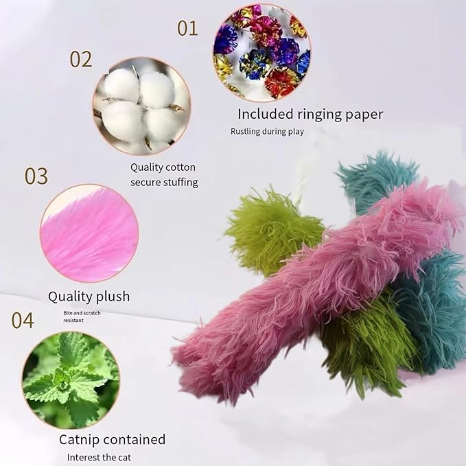 Catnip Toys with 3Pcs Cat Toys - Skin-Friendly Pillow Kicker Toy for Indoor Cats with Crinkle Paper, Catnip & Teething Soother (Pink/Green/Blue)