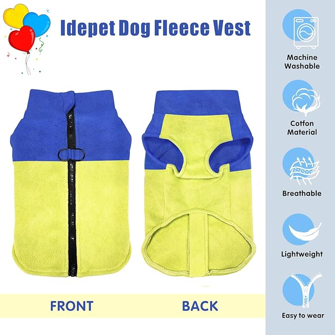 Idepet Dog Fleece Vest Sweater Zip Up Warm Pullover Dogs Jacket with D-Ring Leash Winter Cold Weater Coat Pet Sweatershirt Clothes Hoodie for Small Medium Dogs Boy Girl (Blue/Green, XS)