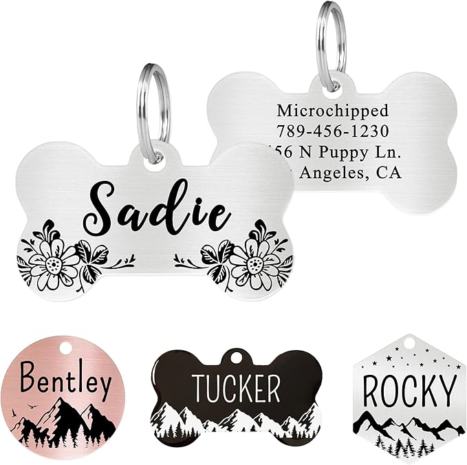 Ultra Joys Stainless Steel Pet ID Tag Dog Name Tags Personalized Front and Back Engraving, Customized Cat Tags, Optional Engraved on Both Sides, Bone Floral Design, Silver Small, Silver-bone-floral