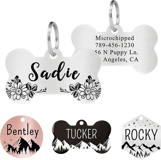 Ultra Joys Stainless Steel Pet ID Tag Dog Name Tags Personalized Front and Back Engraving, Customized Cat Tags, Optional Engraved on Both Sides, Bone Floral Design, Silver Small, Silver-bone-floral