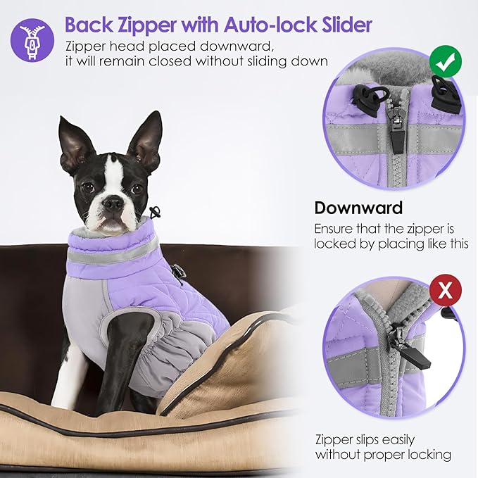 AOFITEE Dog Coat, Warm Dog Winter Coat for Large Dogs, Reflective Turtleneck Dogs Jacket with Harness Built in, Waterproof Windproof Pet Puffer Jacket Fleece Vest for Cold Weather, Lilac XXXL