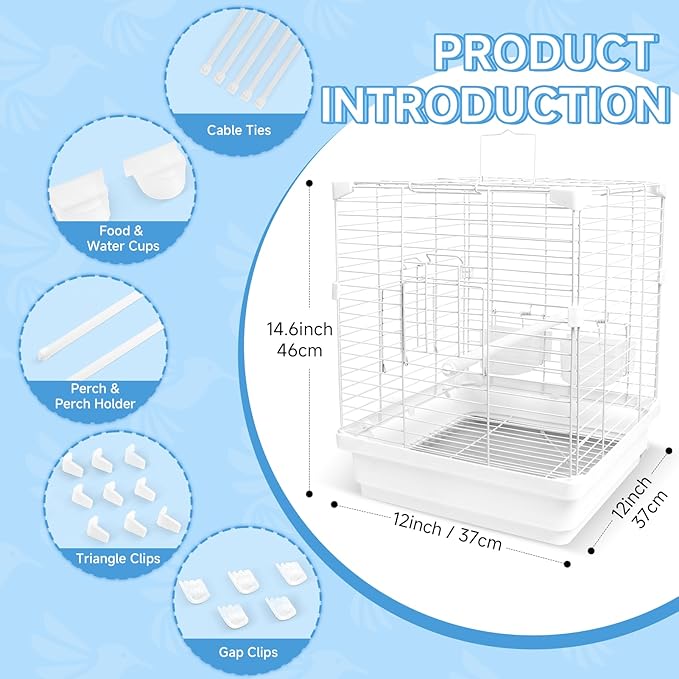 Small Bird Cage for Parakeets, Budgies & Canaries and More Small Birds - Lightweight Travel Birdcage & Bird Carrier with Handle, Stand, Removable Tray, Portable for Hanging, Outdoor Use, White
