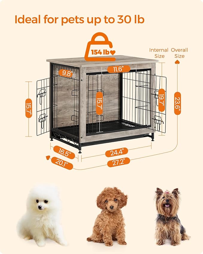 Feandrea Dog Crate Furniture, 27.2" Side End Table, Modern Kennel for Dogs Indoor up to 30 lb, Heavy-Duty Dog Cage with Multi-Purpose Removable Tray, Double-Door Dog House, Greige UPFC001G01