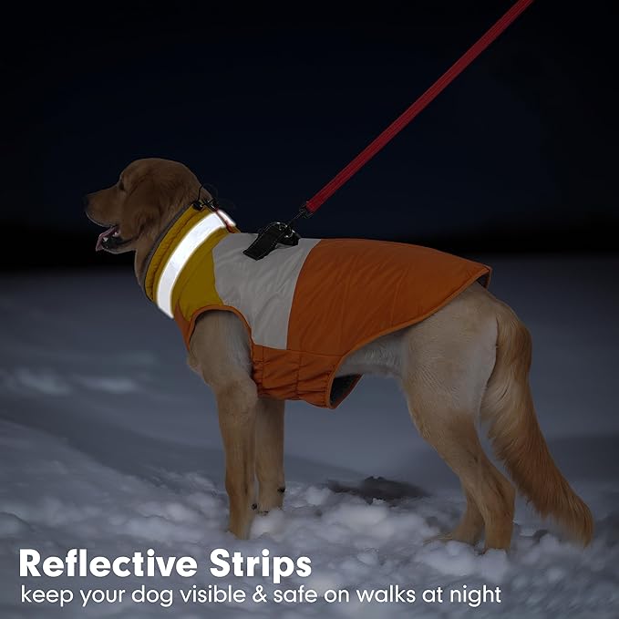 azuza Dog Jacket for Medium Dogs Waterproof Dog Coat with Reflective Strips and Harness Built in Warm Fleece Dogs Winter Coat Windproof with Back Zipper, Orange 2XL