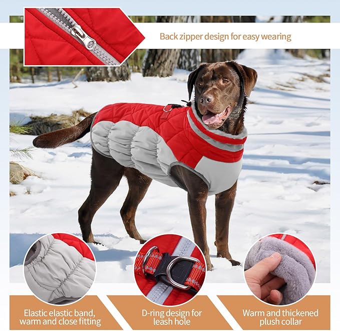 Dog Jackets for Large Dogs, Large Dog Winter Coat, Pet Cold Weather Coats, XXXL Pet Jacket with D-Ring, Waterproof Coat with Back Zipper, Snowsuit Labrador German Shepherd Doberman,Red,XXXL