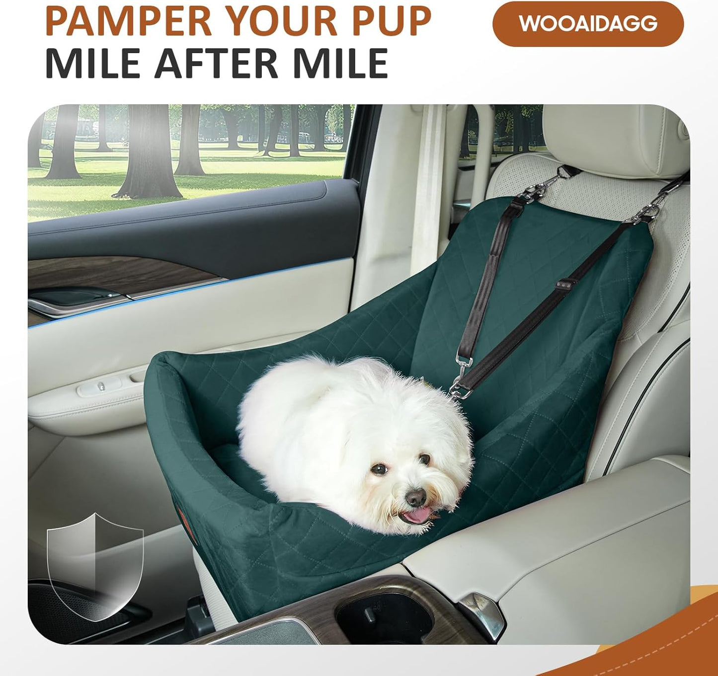 Dog Car Seat for Medium Dogs, Pet Travel Bed with Seat Belt Channel, Fully Detachable and Washable, 3 Straps Easy to Install (Green)