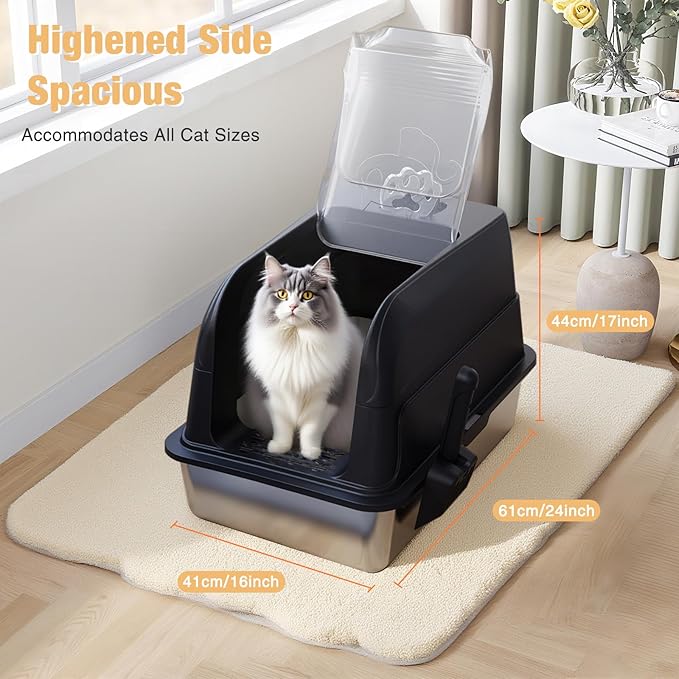 Stainless Steel Cat Litter Box Fully Enclosed, Extra Large Metal High Sided Cat Box with 120° Fully Transparent See-Through Flip Lid, Scoop & Mat - Black - XL