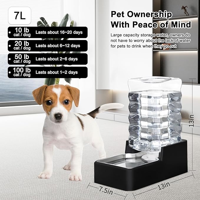RIZZARI Stainless Steel Pet Water Feeder: 7L Automatic Leak-Proof Gravity Dispenser for Cats Dogs Indoor Outdoor Use（Black with Filter,7L）