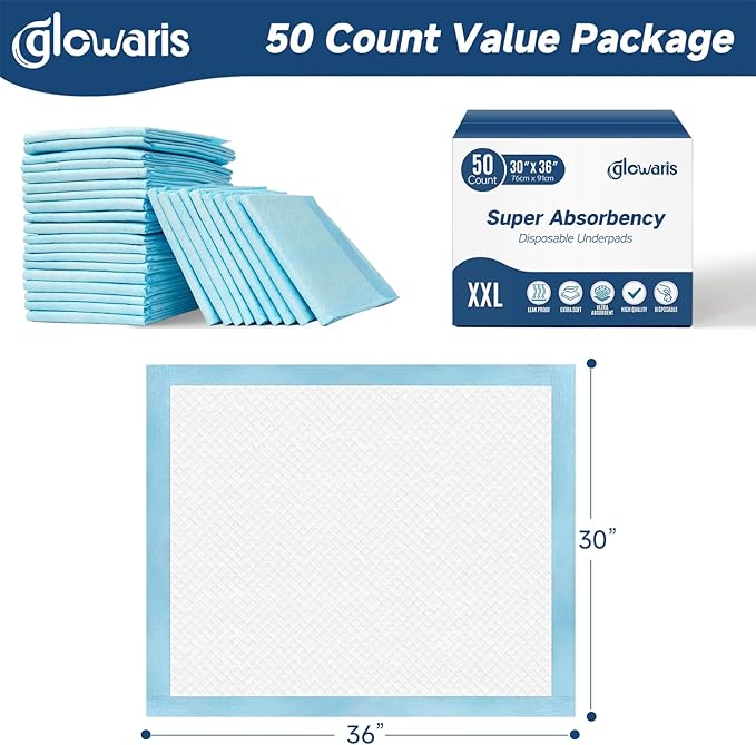 50 Count 30” x 36” XXL Disposable Underpads, Super Absorbent Leakproof Quick Drying, Baby Puppy & Adults Bed Pads Disposable Adult, Dog Pee Pads Extra Large, Incontinence Bed Pads