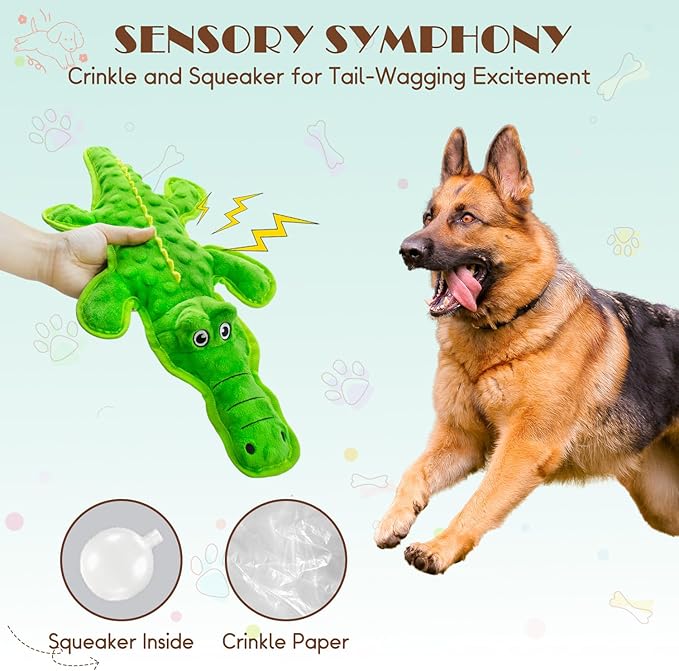 No Stuffing Dog Squeak Toys- Chew Toys for Small Medium Large Breed- Durable Puppy Teething Interactive to Keep Them Busy- Best Birthday Gift(Crocodile)