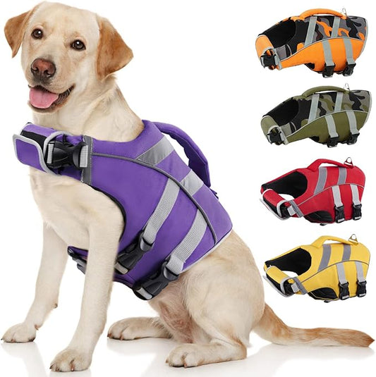 Kuoser Dog Life Jacket with Reflective Stripes - Adjustable High Visibility Vest, Ripstop Lifesaver, Pet Preserver with High Flotation Swimsuit for Small, Medium and Large Dogs