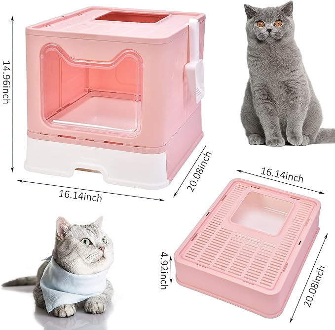 Cat Litter Box with Lid, Top Entry Cat Litter Box Pan, Enclosed Cat Potty, Anti-Splashing Cat Toilet, Foldable Litter Box Large Covered Cat Supplies with Scoop Brush and Garbage Bag