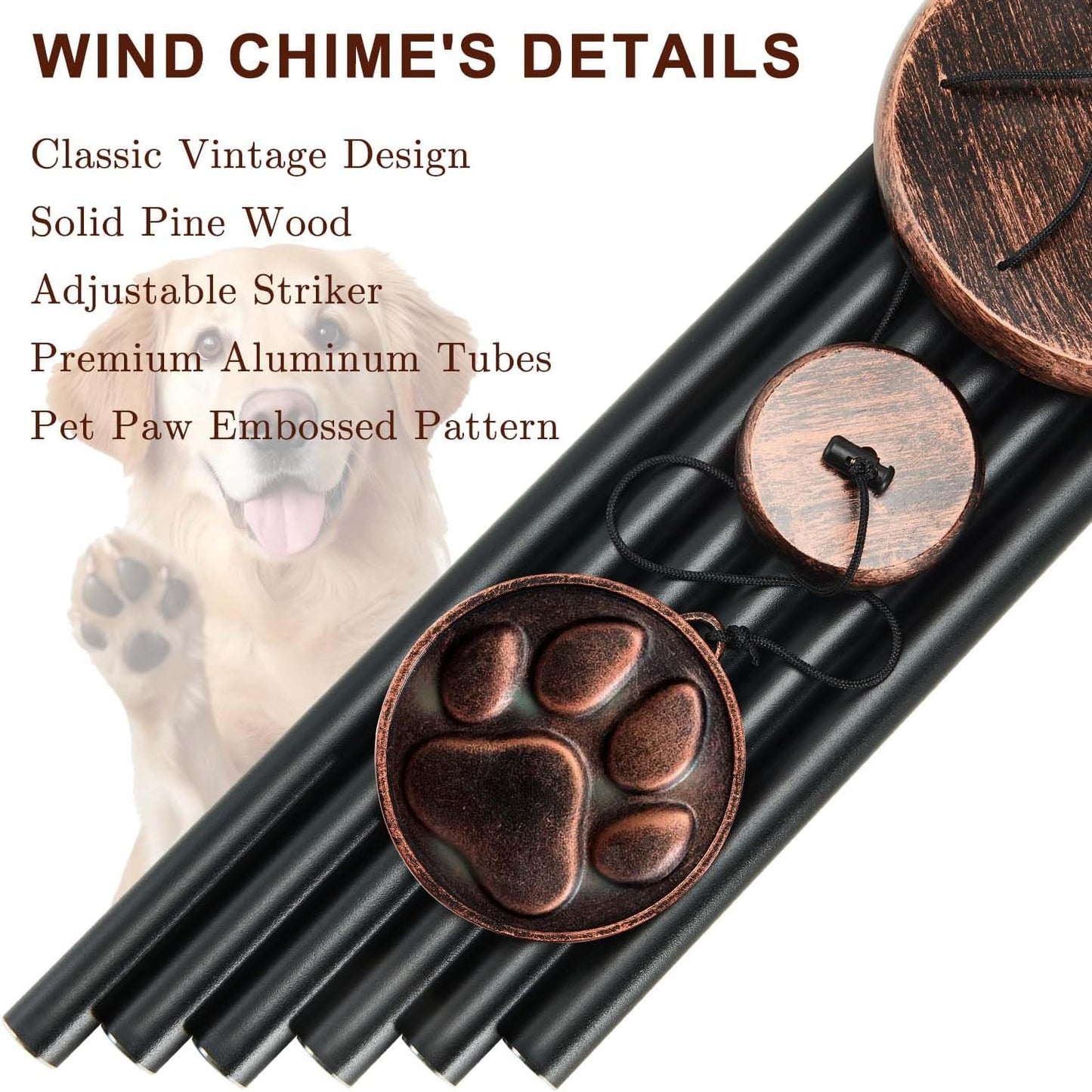 Dog Memorial Gifts for Loss of Dog, 32" Pet Memorial Wind Chimes, Pet Loss Passing Away Remembrance Sympathy Bereavement Gift, DogPaw Vintage Wind Chimes for Outside